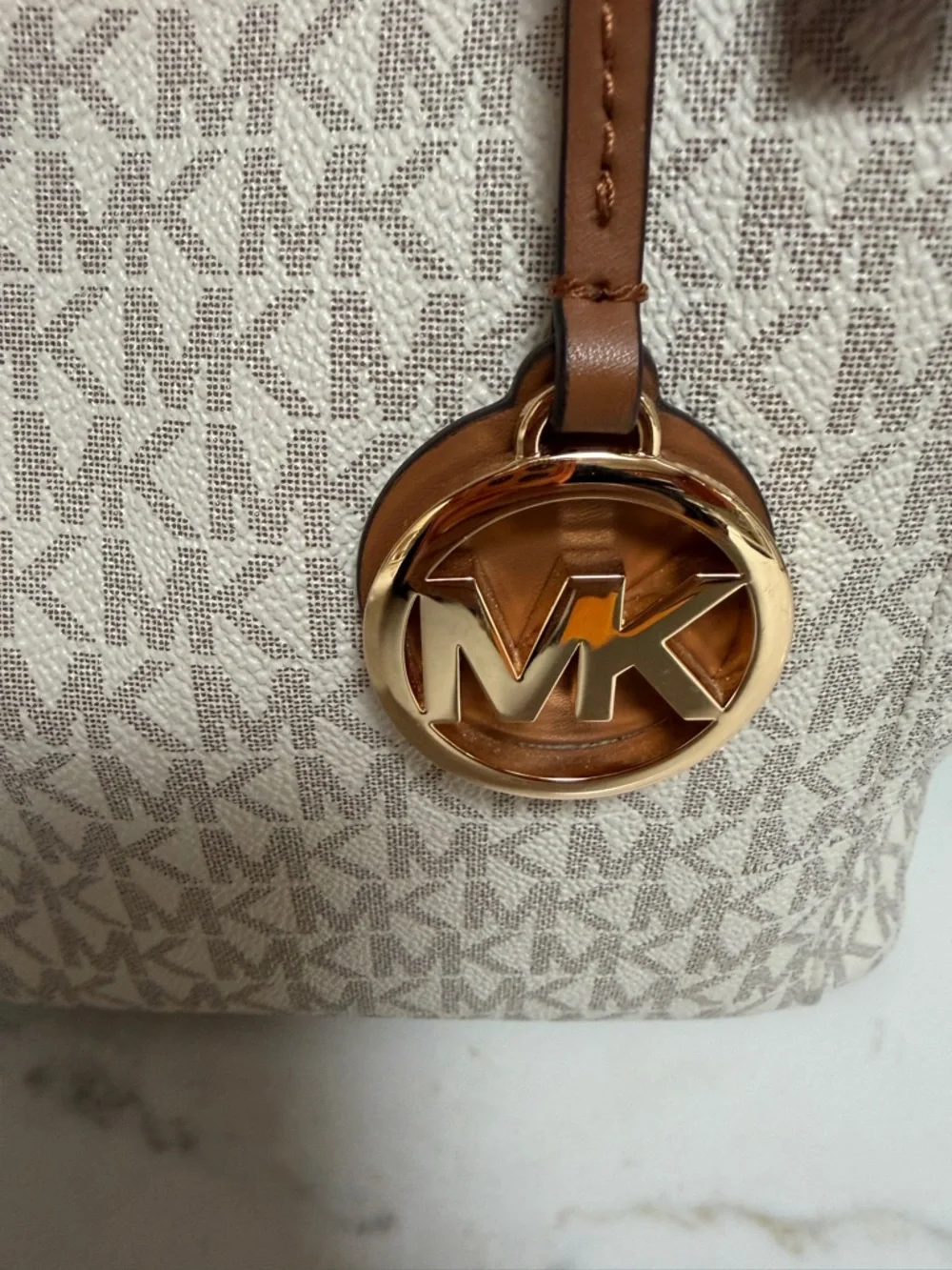 Michael Kors Cream Monogram Tote with Tan Leather Straps - Picture 5 of 14